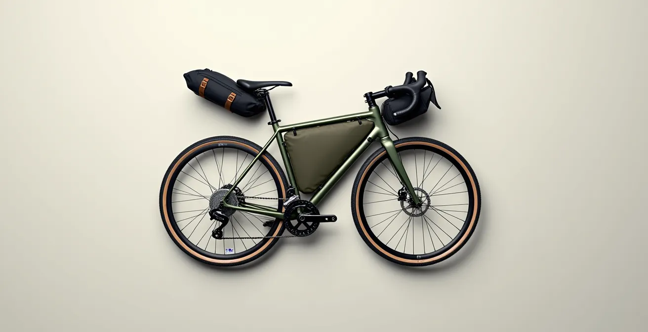 Vue de dessus d'un vélo complet équipé de multiples sacoches réparties harmonieusement