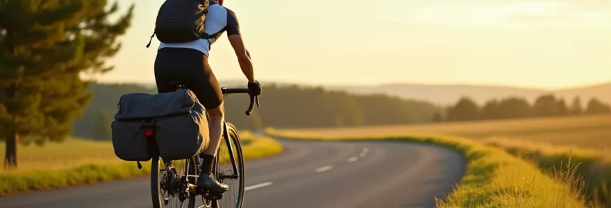 Cycliste équipé de sacoches en mode voyage, vue de trois-quarts en lumière naturelle dorée