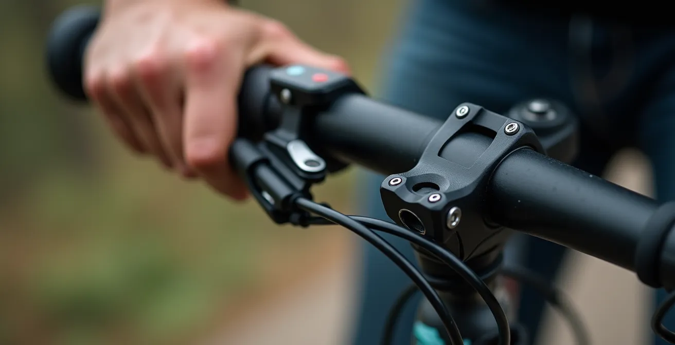 Gros plan sur une main tenant un guidon de vélo chargé, montrant la flexibilité et la précision de direction