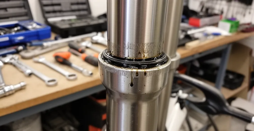 Gros plan sur la zone des joints spi d'une fourche VTT montrant une légère trace d'huile