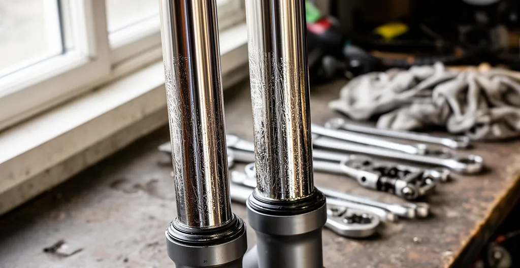 Gros plan sur plongeurs de fourche VTT avec traces d'huile visibles