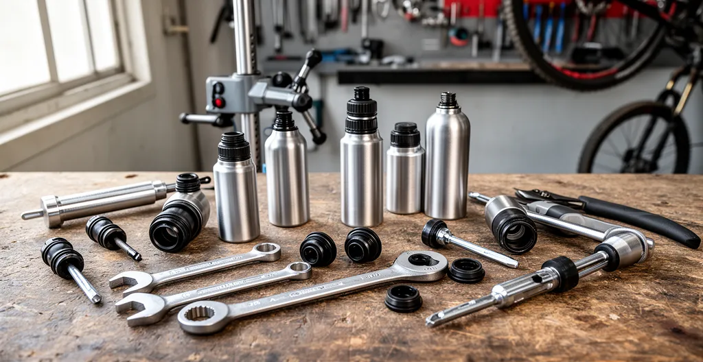 Composants de kit révision suspension étalés sur établi atelier avec bidons huile et joints