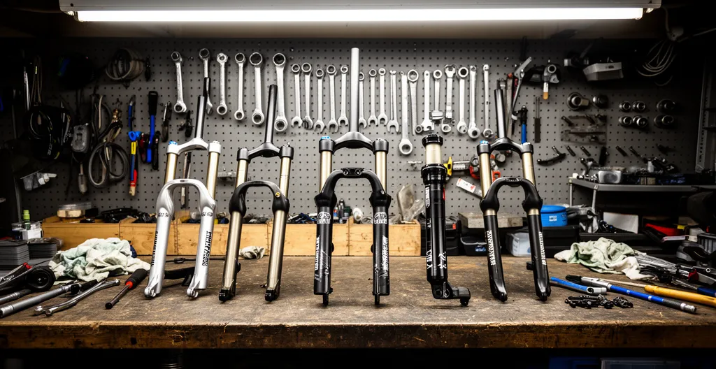 Fourches et amortisseurs VTT reconditionnés alignés sur établi d'atelier