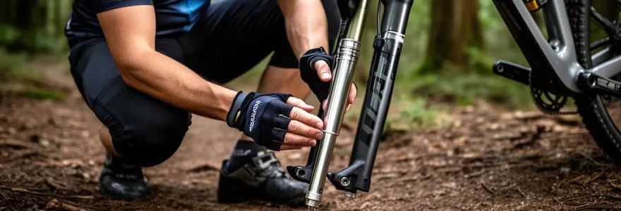 Vététiste accroupi inspectant les plongeurs de sa fourche suspendue sur un sentier forestier